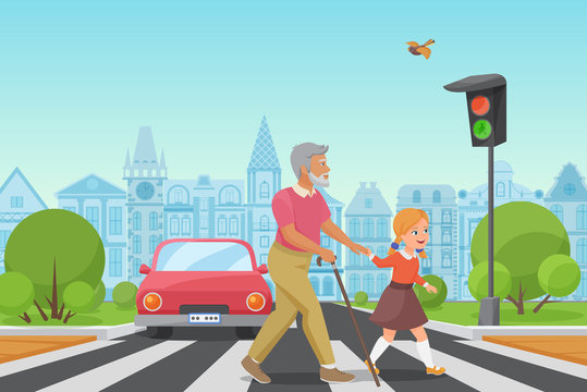 Helping Senior Old Man. Little Girl Kid Helps An Old Man To Cross The Road In City Vector Illustration.