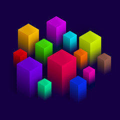 Isometric abstract design, Geometric blocks on dark violet background
