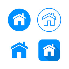 Home icon, four variants, classic symbol, icon in circle, outlined symbol in circle, and flat icon with long shadow