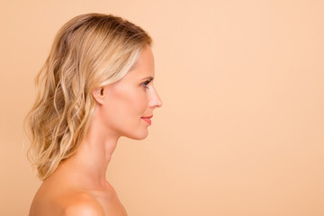 Botox collagen detox advertising concept. Profile side view portrait of her she attractive...