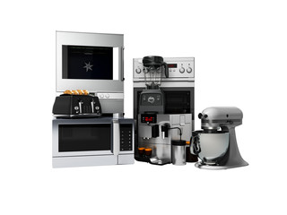 Group of household appliances for kitchen toaster coffee maker microwave food processor blender 3d render on white background no shadow