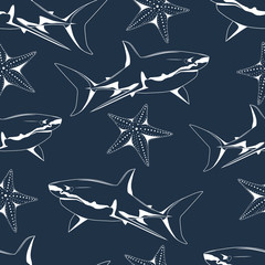 Seamless texture with the image of sharks and sea stars.