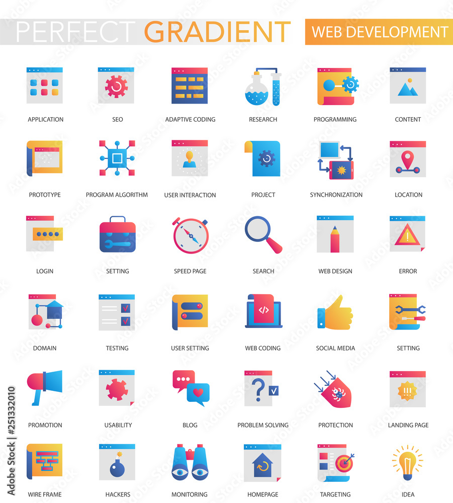 Poster vector set of trendy flat gradient web development icons.