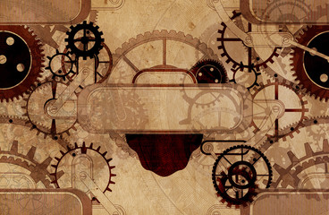 Fototapeta na wymiar vintage steampunk old background, paper canvas frame, cogs, gears retro wallpaper