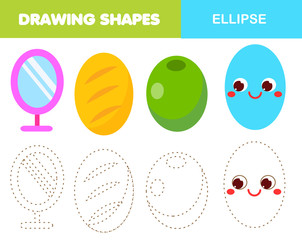 Learning geometric shapes for kids. Ellipse, oval. Handwriting practice figures and forms. Educational worksheet for children and toddlers.