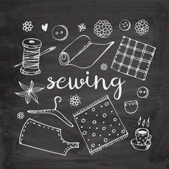 Sewing vector doodle set, fabric, thread, bobbin, needle, button, hanger, pattern and cup of tea on chalkboard background