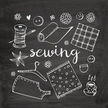 Sewing vector doodle set, fabric, thread, bobbin, needle, button, hanger, pattern and cup of tea on chalkboard background