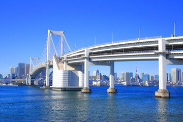 Tokyo Bay and Bridge (Rainbow Bridge) seen from Odaiba Park (TOKYO, JAPAN) お台場公園から撮影した東京湾と橋（レインボーブリッジ）