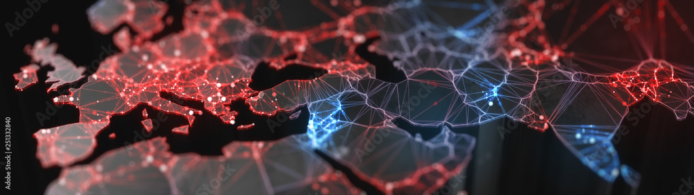Poster digital mainlands from space. cities and countries connected by plexus light lines. virtual continen