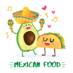Mexican food characters: avocado and taco