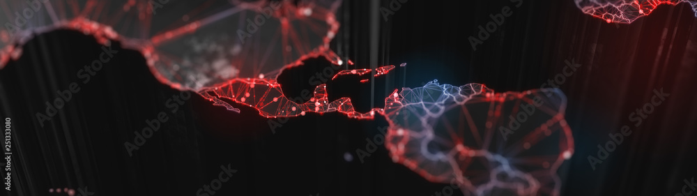 Poster digital mainlands from space. cities and countries connected by plexus light lines. virtual continen