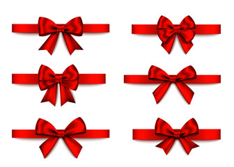 Red  gift bows set  for  Christmas, New Year decoration.