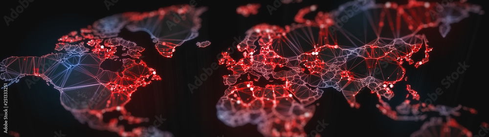 Poster digital mainlands from space. cities and countries connected by plexus light lines. virtual continen