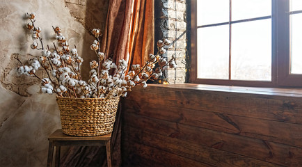  , , , Basket, cotton branches, loft interior, brick wall,