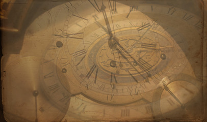 Fototapeta na wymiar Vintage retro clock background, old time steampunk canvas paper map