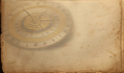Vintage clock background, old time retro steampunk canvas paper map