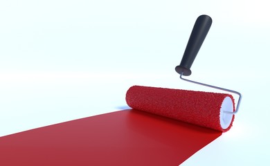 Paint roller with red color. Isolated on white background. 3D re
