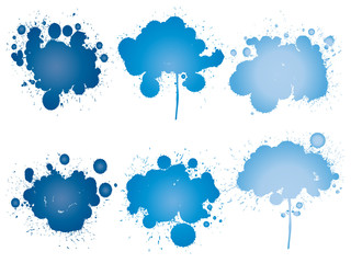 Vector collection of artistic grungy paint drop, hand made creative splash or splatter stroke set isolated white background. Abstract grunge dirty stains group, education or graphic art decoration