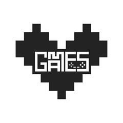 Games lettering with retro gamepad button inside pixel heart icon