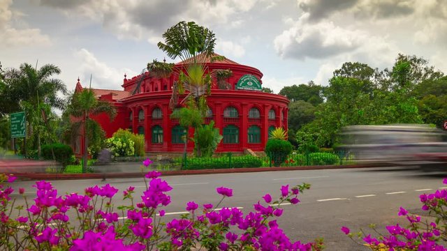 bangalore city famous state library building traffic street panorama 4k timelapse india