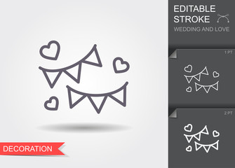 Festive bunting flags. Holiday decorations. Line icon with shadow and editable stroke