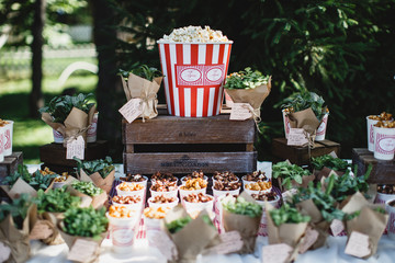 A lots of food is standing on the table. Park at the background.