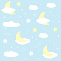 Fototapeta na wymiar Cute clouds, moon and stars with faces. Cartoon repeat seamless pattern for kids or baby shower. Vector illustration on pastel background. Best for kids, girl or boy.