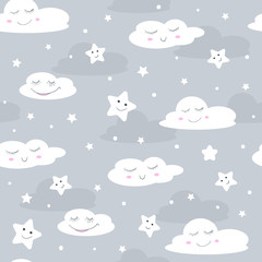 Cute clouds and stars with faces. Cartoon repeat seamless pattern for kids or baby shower. Vector illustration on pastel background. Best for kids, girl or boy.