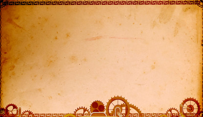 Metallic frame with retro machine gear and cogwheel. Old cogs on vintage steampunk background....