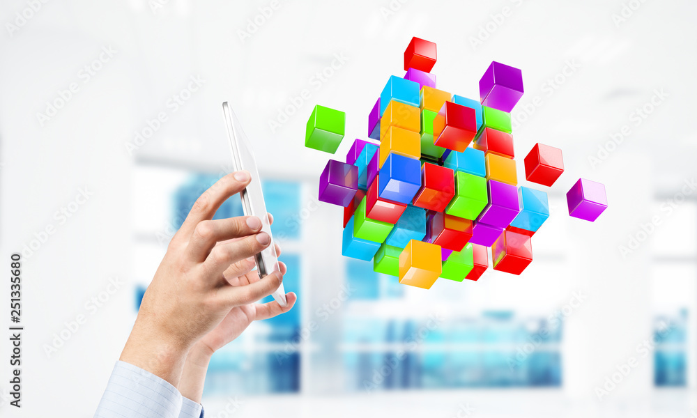 Fototapete integrating new technologies concept with cube figure floating in air. mixed media