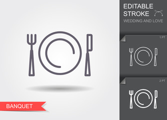 Plate, fork and knife. Line icon with shadow and editable stroke