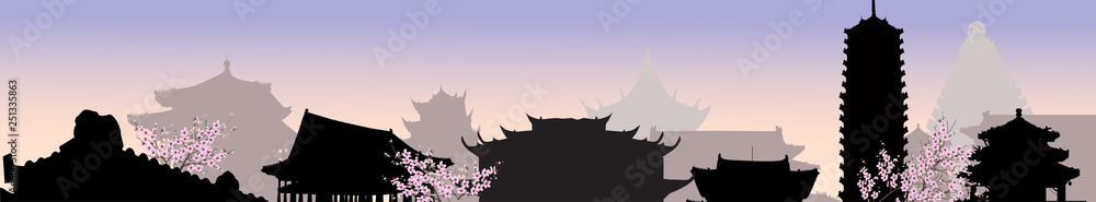 Wall mural stripe with pagoda silhouettes and blossoming trees