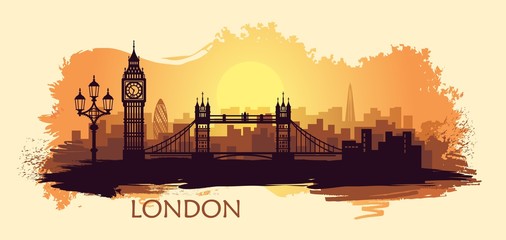 Stylized landscape of London with with big Ben, tower bridge and other attractions - obrazy, fototapety, plakaty