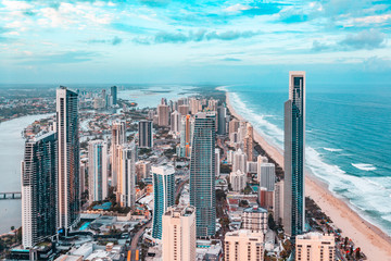 Aerial landscape of Gold Coast city at sunset