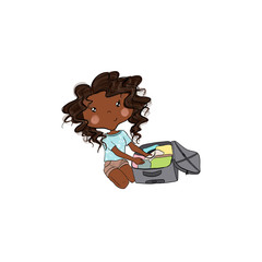Obraz premium African American Girl Packs A Suitcase Isolated On A White Background Hand Drawn Illustration