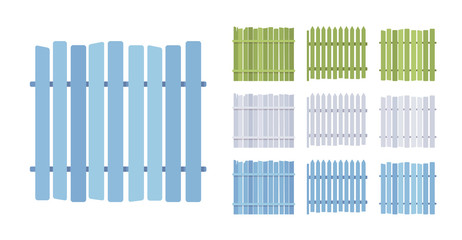 Fence wooden barrier set, home and land protection element. Outdoor boundary enclosing or bordering a field, yard. Vector flat style cartoon illustration isolated, white background, different views