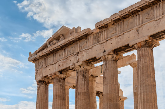 Fragment of the Parthenon with statues, an archaic temple located on the Acropolis of Athens, built in 438 BC in Athens, Greece