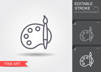 Palette with brush. Line icon with shadow and editable stroke