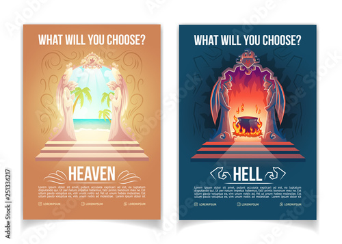 Religious Movement Ity Church Or Teaching Cartoon Vector Religious Movement Ity Church Or Teaching Cartoon Vector Advertising Brochure Booklet Pages Template With Heaven And Hell Gates Figures Of