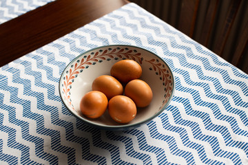 bowl of eggs, five brown eggs in a bowl