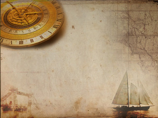 Fototapeta na wymiar Steampunk compass paper sailboat ship, vintage canvas, old retro grunge background