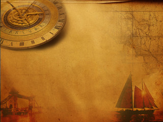 Steampunk vintage paper travel map, clock sailboat ship, old retro grunge canvas background