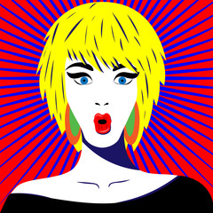 Bright girl with astonishment on the face, emotions. Vector in retro style pop art.