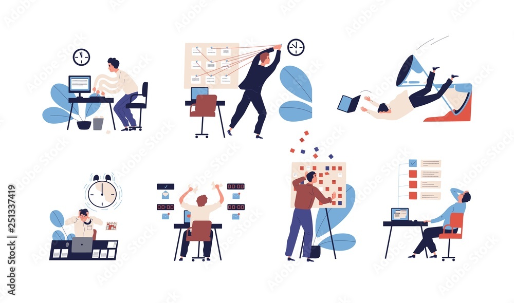 Poster Bundle of people unable to organize their tasks and failing to fit them in schedule. Set of scenes with inefficient and ineffective time management and multitasking. Flat cartoon vector illustration.