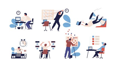 Bundle of people unable to organize their tasks and failing to fit them in schedule. Set of scenes with inefficient and ineffective time management and multitasking. Flat cartoon vector illustration.