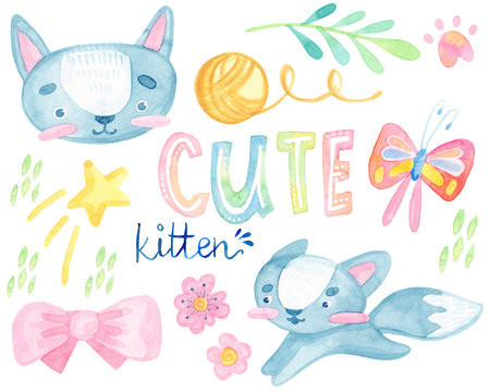 set of watercolor illustrations. cartoon childhood. cute gray kitten, plants, butterflies, flowers, bows. isolated on white background