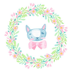 watercolor cartoon illustration. cute baby template greeting card. Wreath with stylized leaves, twigs, flowers. Sweet kitten bow isolated on white background