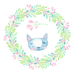 watercolor cartoon illustration. cute baby template greeting card. Wreath with stylized leaves, twigs, flowers. Sweet kitten isolated on white background