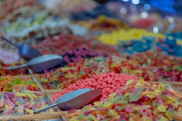 Abstract blur and de-focused colorful assorted candies for background