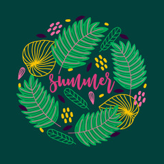 Jungle greeting card with palm leaves, dots. Circle ornament.